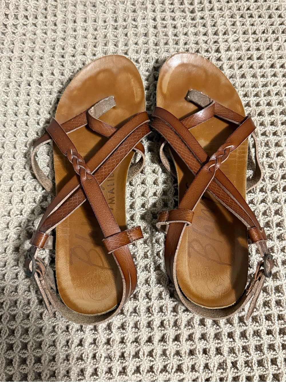 101. Blowfish Malibu Granola Brown Vegan Leather Cross-Strap Sandals Size 7